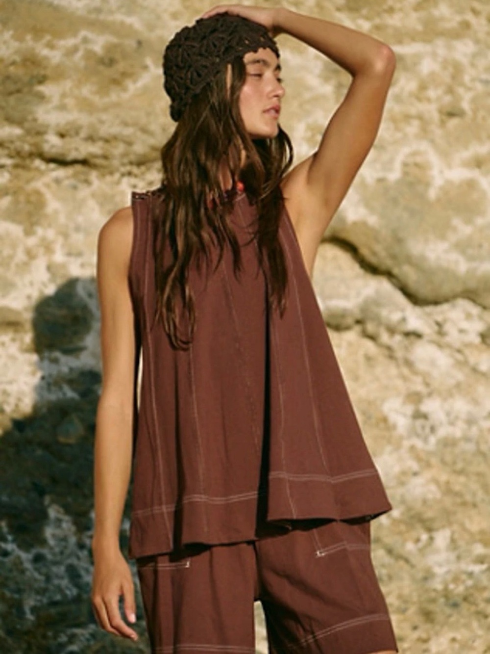Free People Chocolate Brown Flared Tank with Contrast Stitching